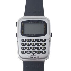 Vintage Style Calculator Watch Silver 50 Telephone Memo Personal Data Digital